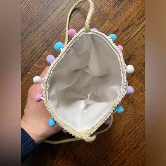 Crossbody Bag Kid Purse Woven PomPom accents Cream Pastel Pink Blue White Purple - Picture 2 of 10